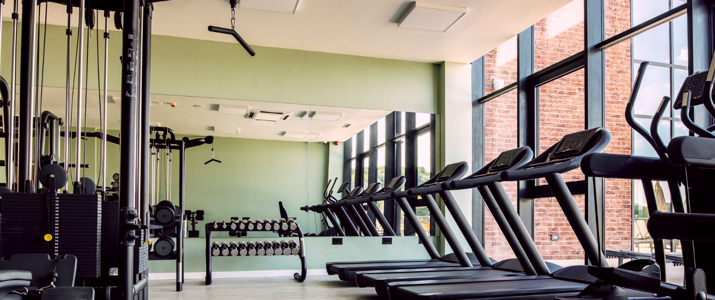 фото спортзала, на фото видно: беговые дорожки, гантели, и блочные тренажёры